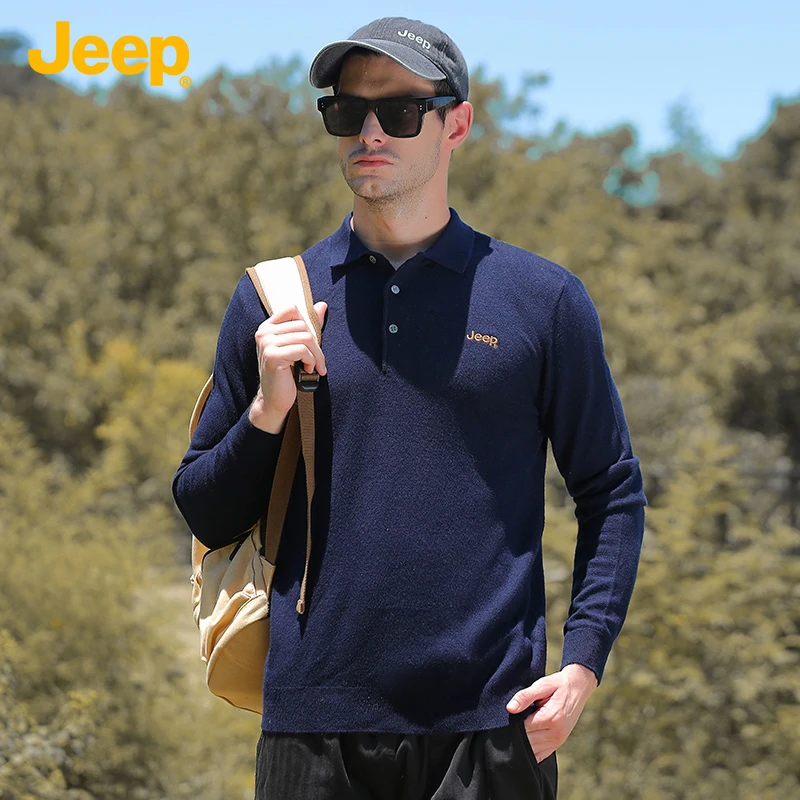 JEEP/吉普秋冬新款男式翻领毛衣休闲翻领纯羊毛衫上衣018