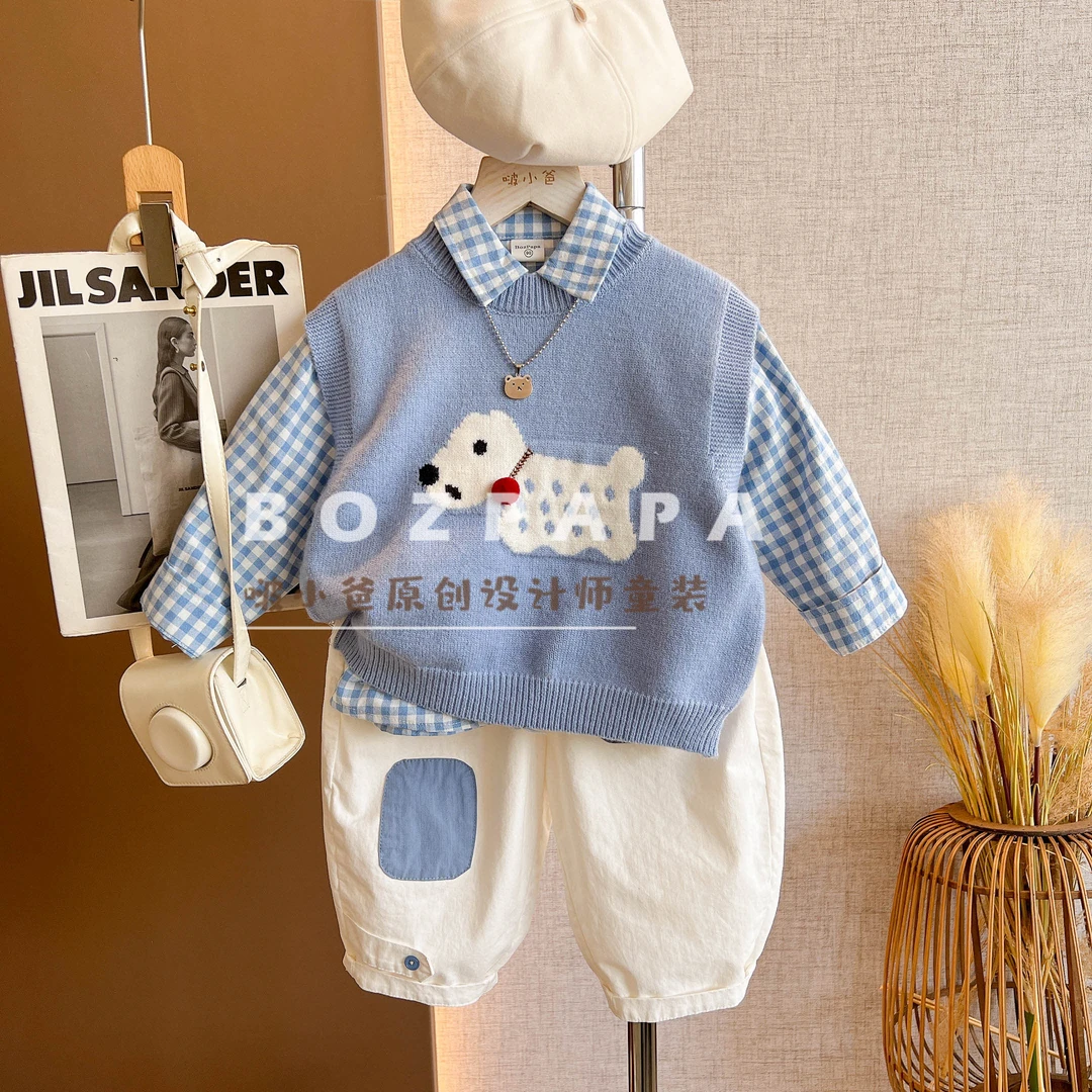 现货啵小爸【糯糯蓝莓挞】2025秋季新款男童蓝色狗狗图案针织马甲