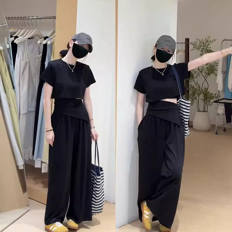 2025夏季减龄穿搭一整套女韩系时尚休闲绑带短袖上衣阔腿裤两件套