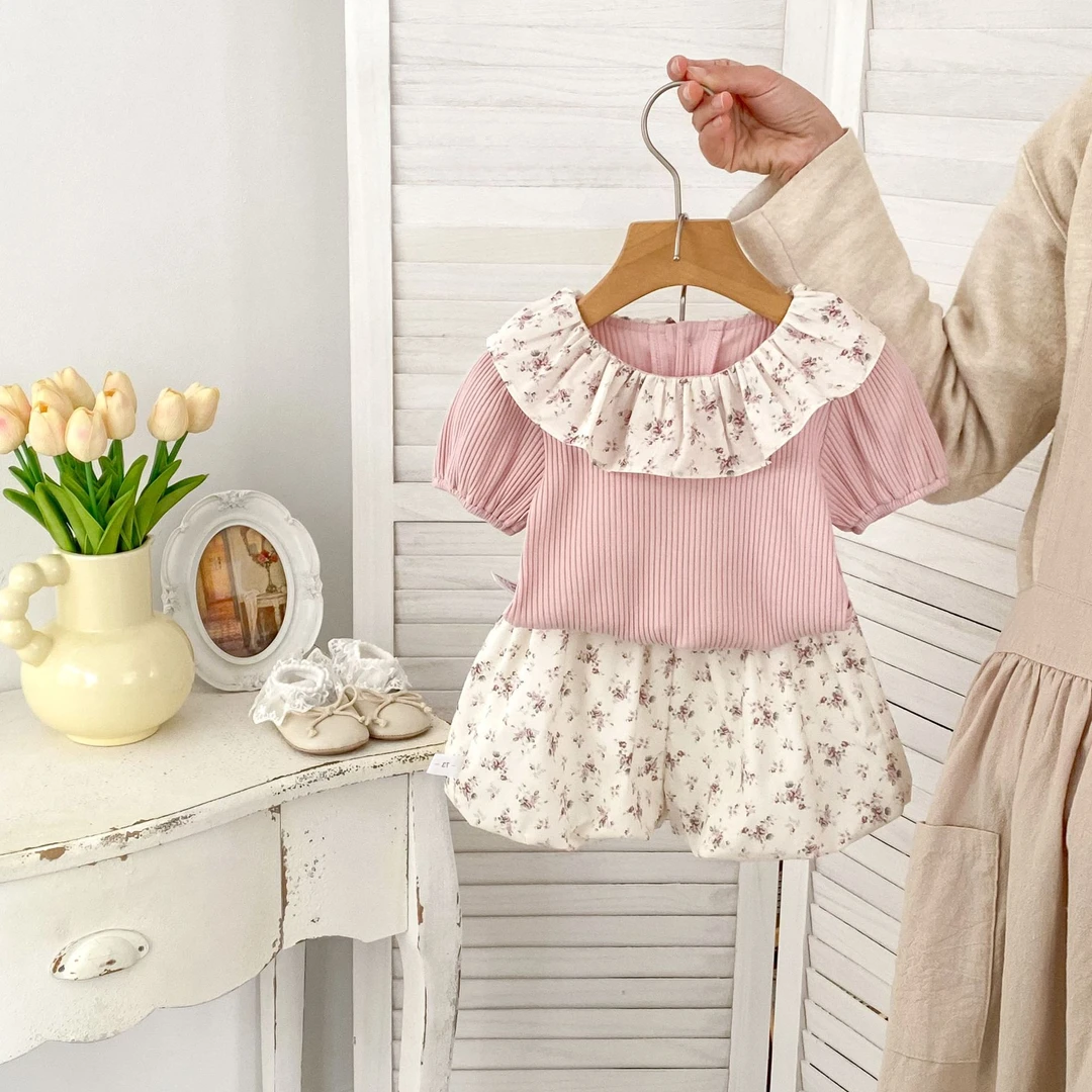 碎花翻领短袖T恤花苞短裤女宝外出两件套