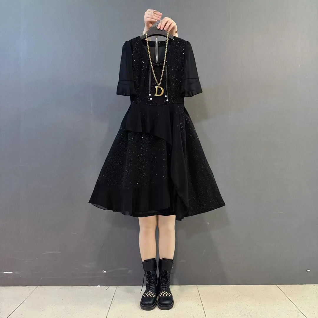 大码国风盘扣雪纺拼接小设计感连衣裙显瘦洋气小黑裙