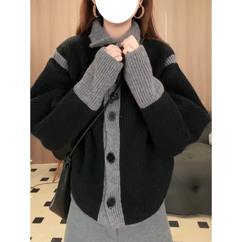复古慵懒风设计感小众撞色加厚针织开衫外套女秋冬高领毛衣