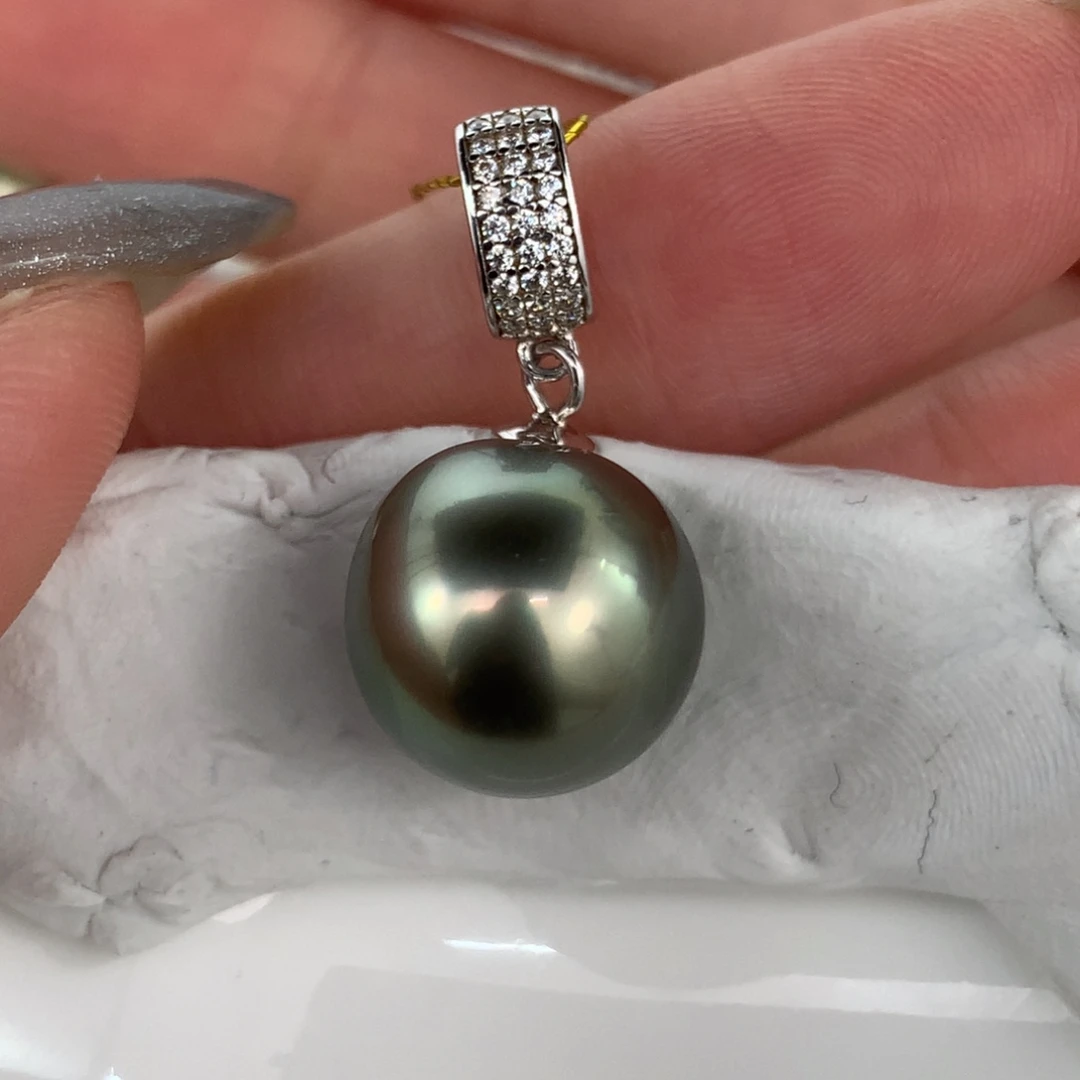 定制海水珍珠银S925镶嵌吊坠(不含链)12.9mm大溪地裸珠一颗