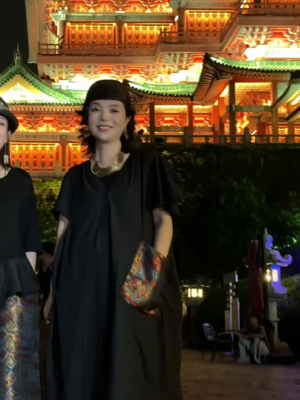 篱君【敦煌】1967原创印花做旧宽松纯色长裙夏季中长款御姐长裙