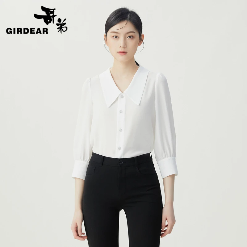 哥弟 时尚气质夏季简约尖领七分袖女士衬衫 1300920