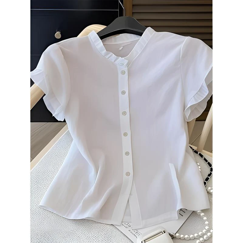 今年时尚流行爆款慵懒风白色短袖衬衫2025年夏季新款洋气小衫上衣