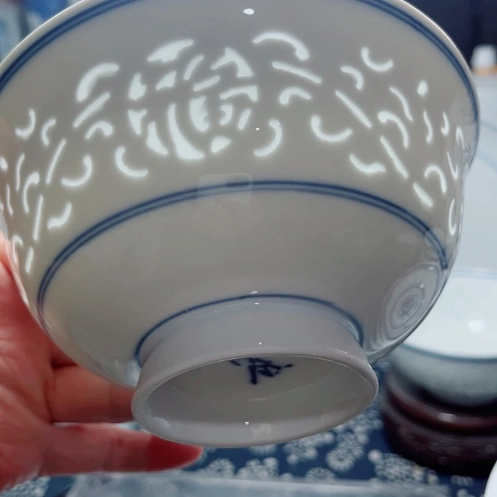 青花玲珑6寸面碗满雕双福双线