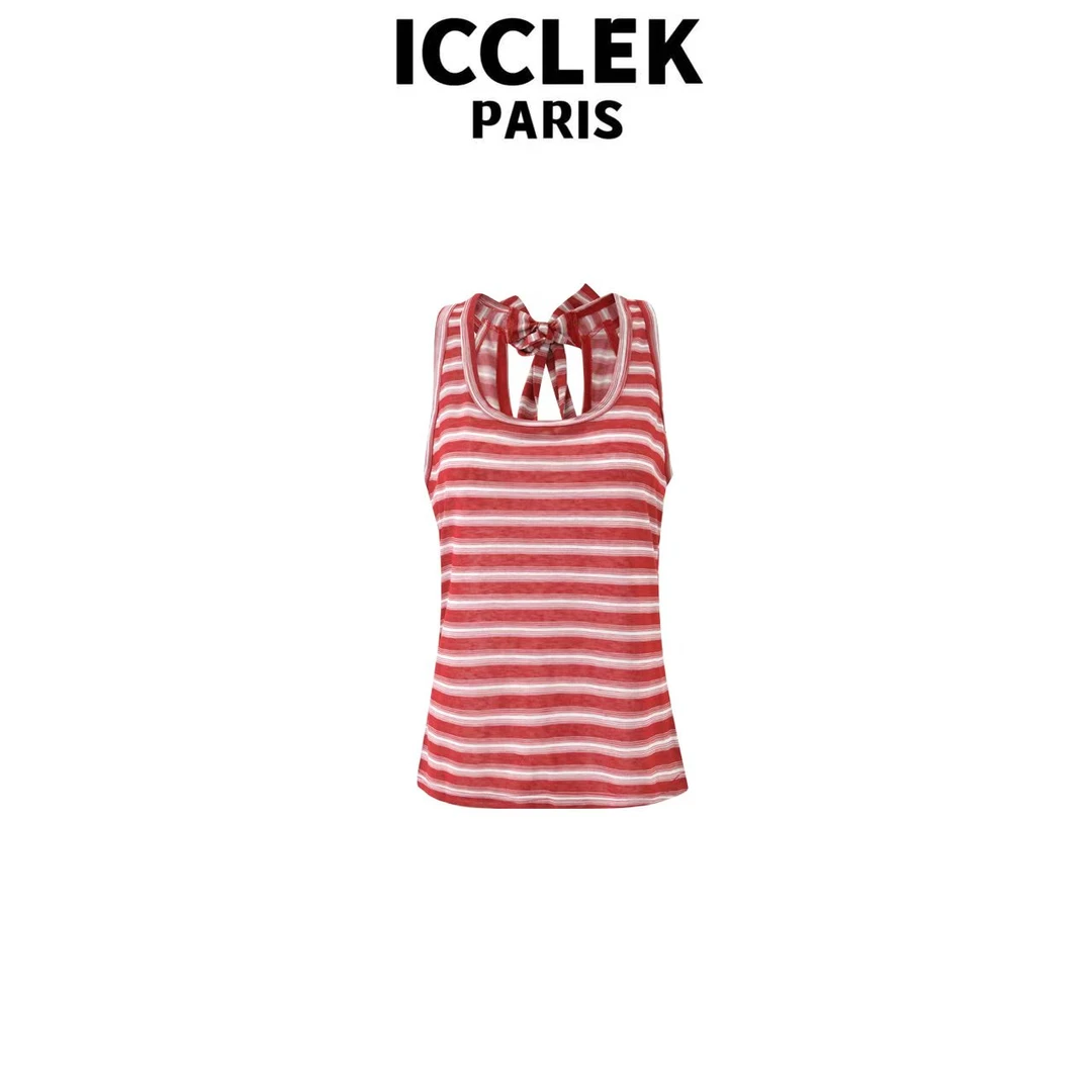 ICCLEK 红色条纹蝴蝶结减龄显瘦针织衫背心休闲时尚圆领减龄-5764
