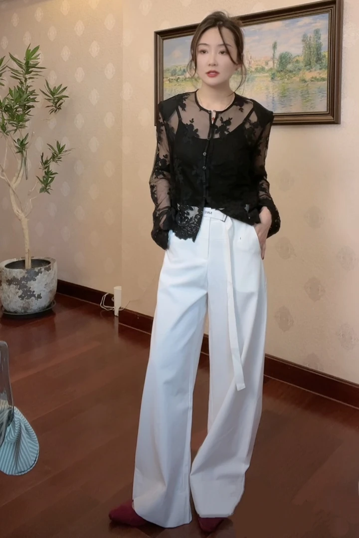 新款气质显瘦休闲百搭腰带款高腰直筒阔腿裤