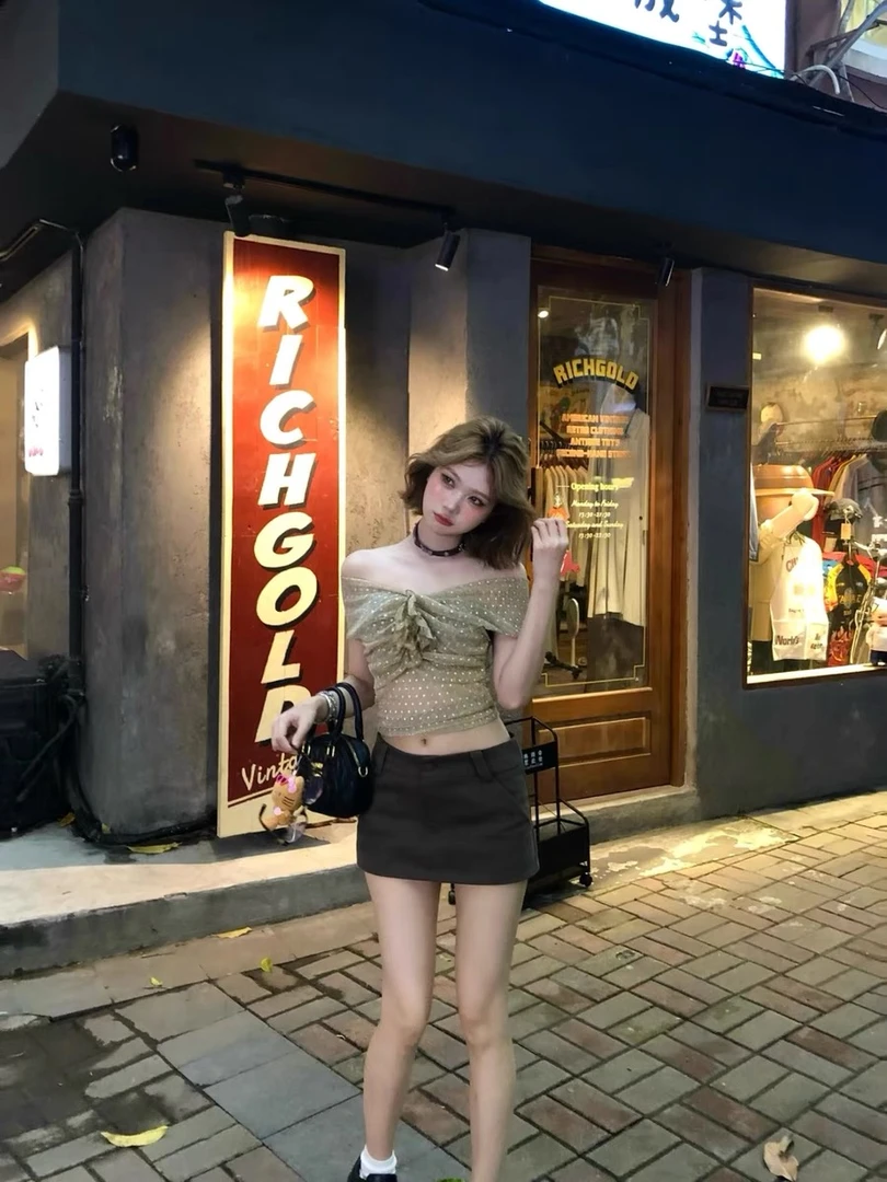 套装女2025夏季新款纯欲甜辣亮片一字肩上衣高腰显瘦半身裙两件套