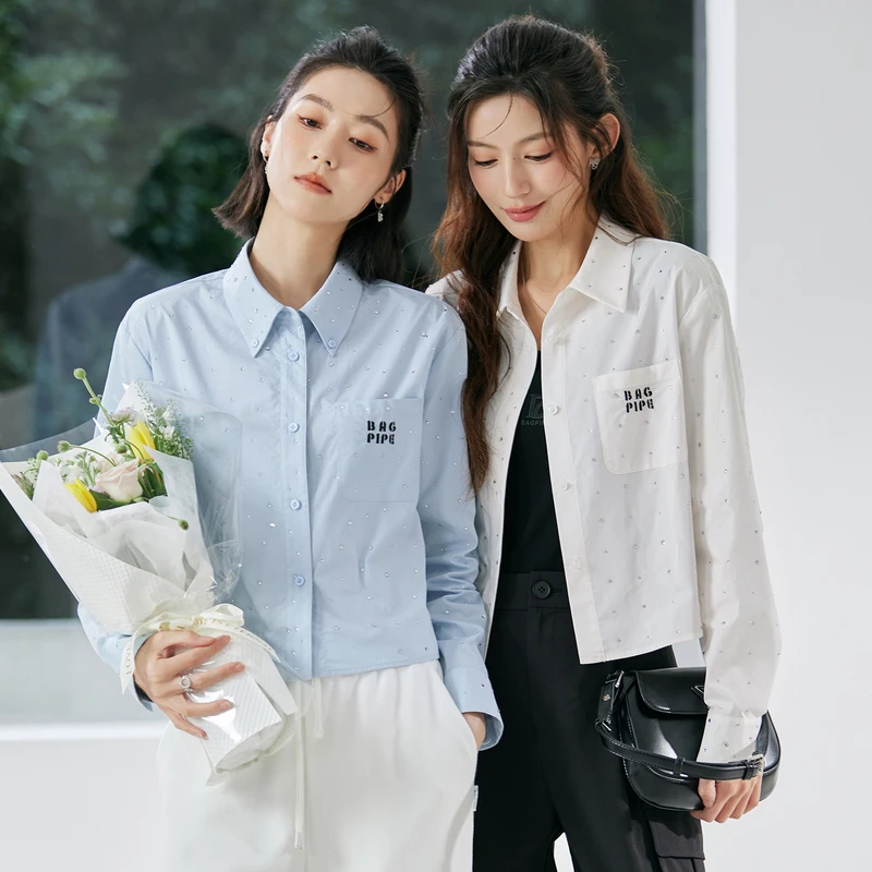 风笛2025春季新款Polo领宽松衬衫衬衣女口袋刺绣通勤高级感上衣