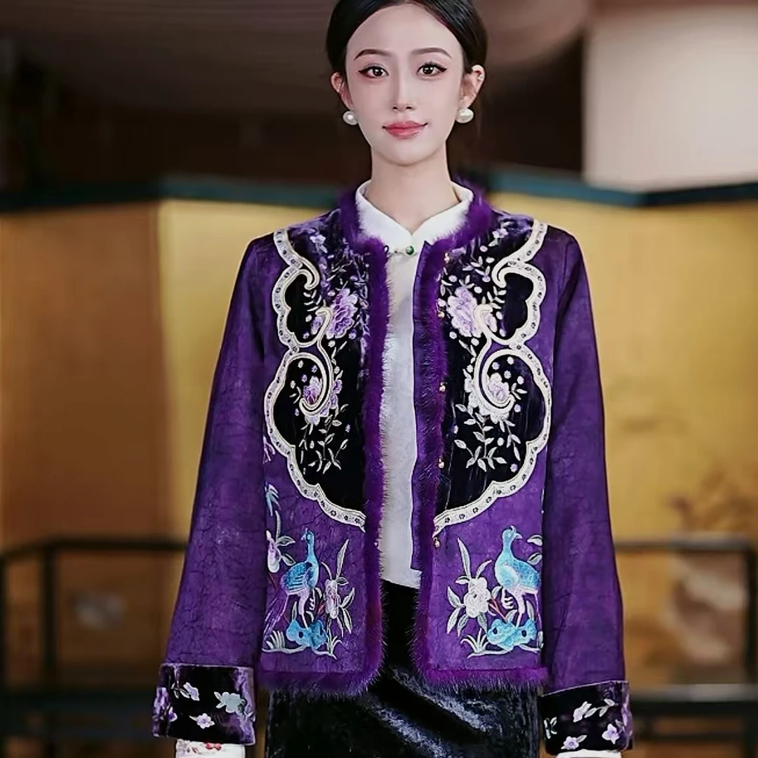 复古日记“薇宁”重工手推绣水貂拼接国风如意对襟棉服外套2EHF142