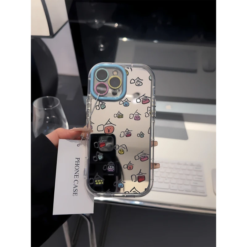 适用苹果16镜面奶油iPhone15手机壳mate70女华为60表情涂鸦哈哈哈