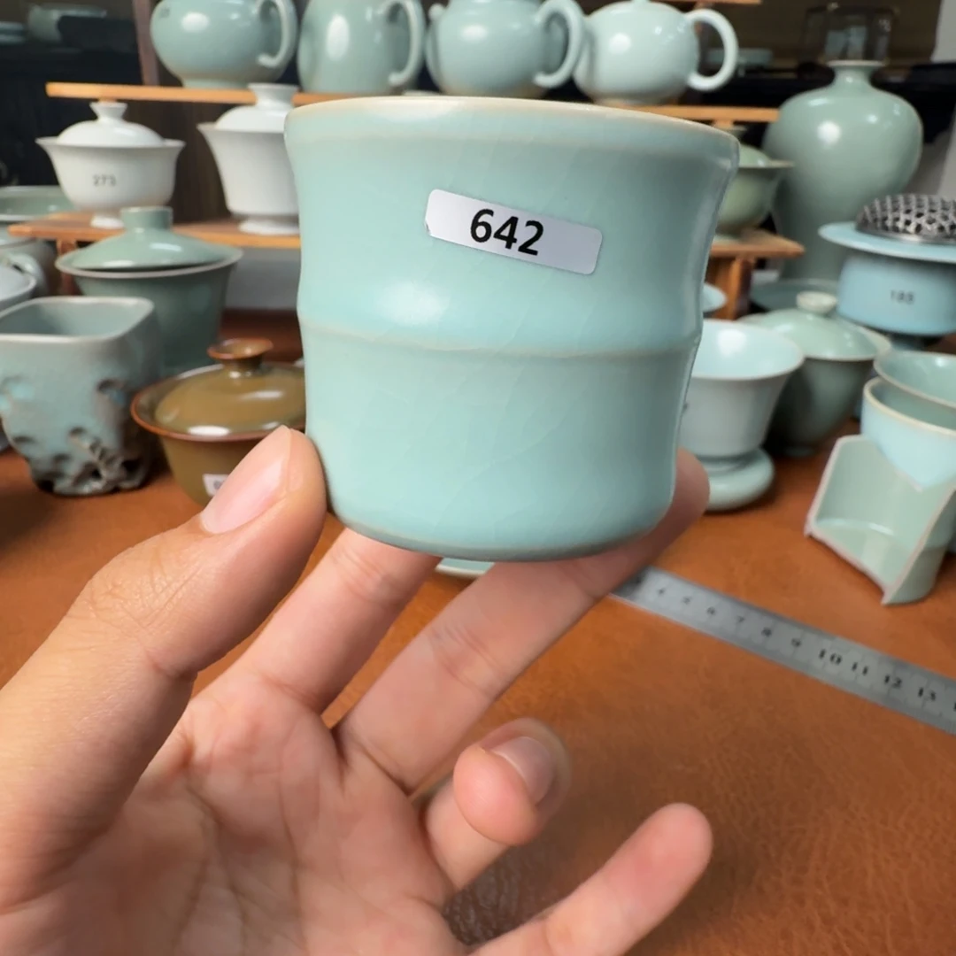 摆件陶开播福利微瑕仿古天青竹节杯