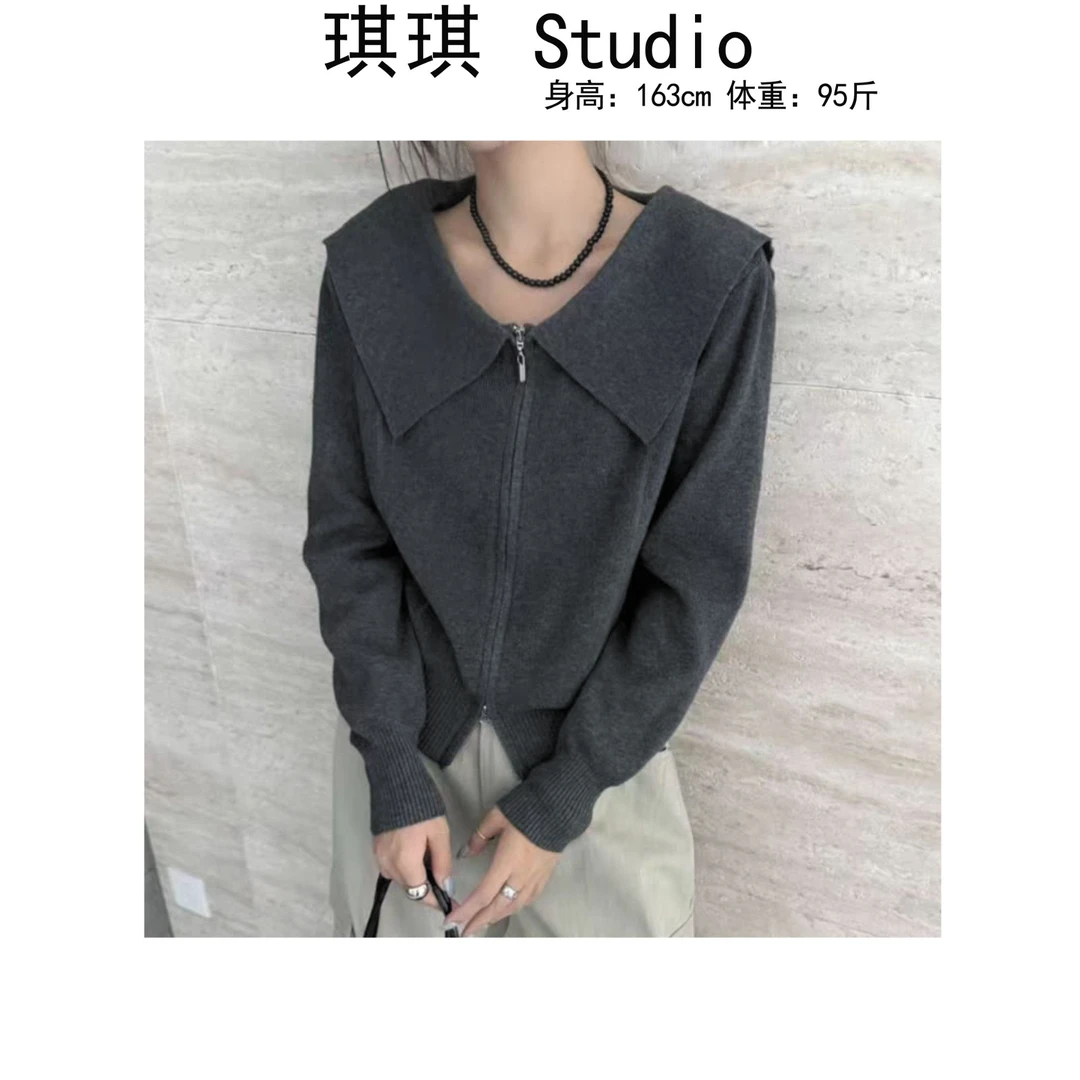 《琪琪家》秋季新款潮流气质时尚大翻领双拉链气质减龄针织开衫-S