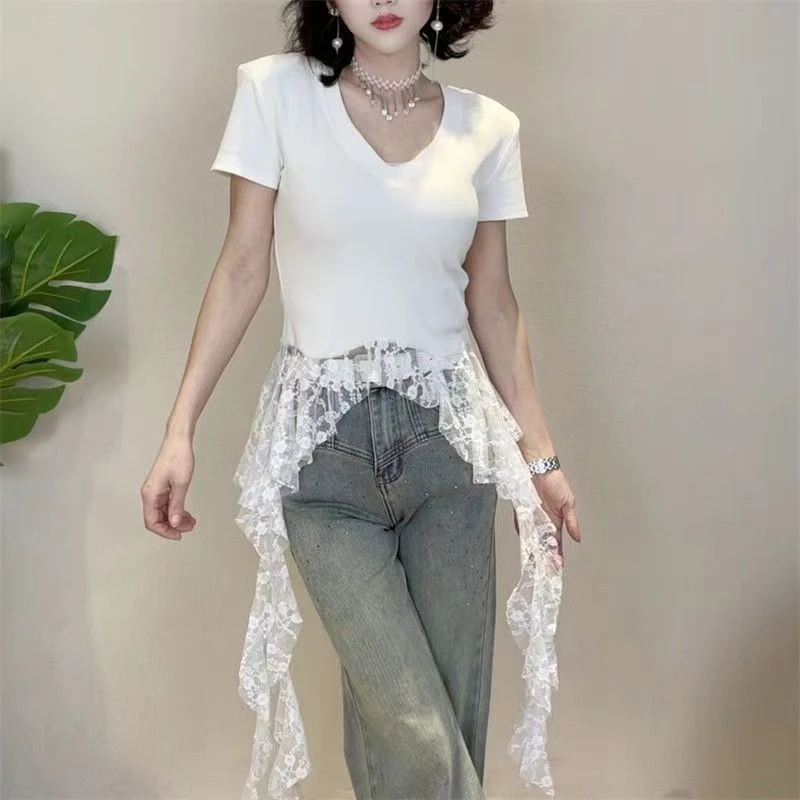 2025年韩系休闲时尚气质蕾丝拼接V领短袖T恤女02