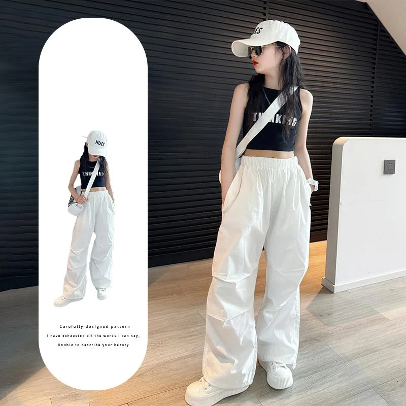 MK&UR.BV女童工装裤夏季2025款儿童速干裤大童白色休闲长裤时尚