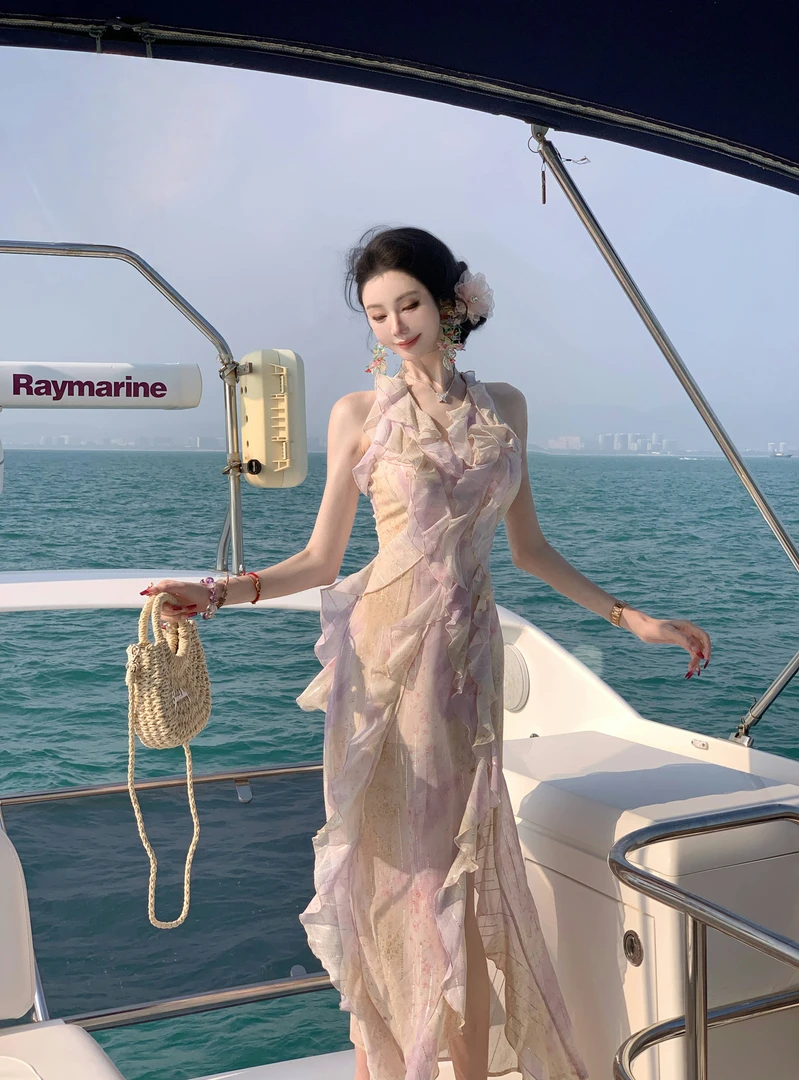 【雅乔定制 预热链接】荷叶边幻彩连衣裙DYLL-24126631