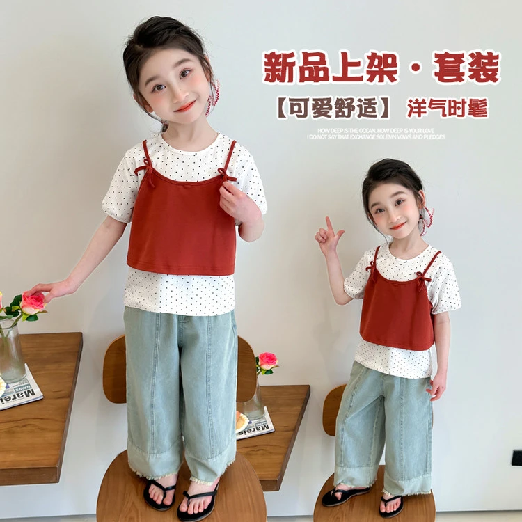 女童夏装洋气2025新品短袖可爱甜美休闲舒适牛仔裤儿童套装夏季