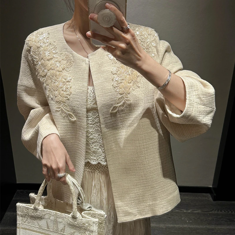 Janie Yee”尤梨“ 高定钉珠亚麻棉慵懒廓形宽松中式外套春 24A2852