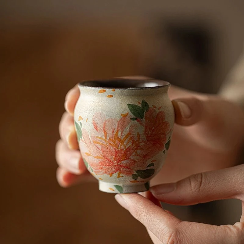 当代 绮彩牡丹-凝香杯 复古中式手工主人杯大号粗陶手绘家用茶杯