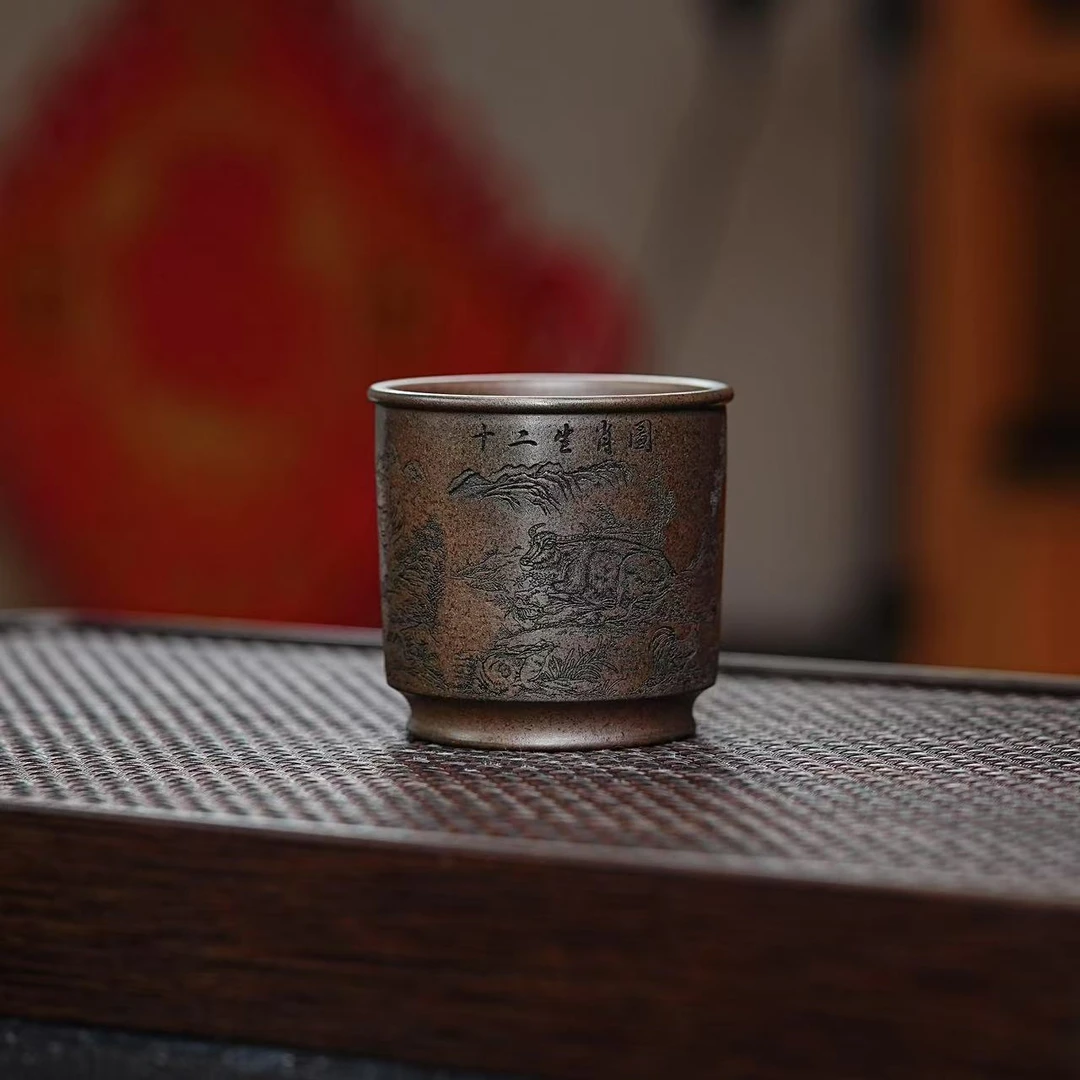 宜兴原矿龙背青柴烧刻绘十二生肖全手工紫砂主人杯