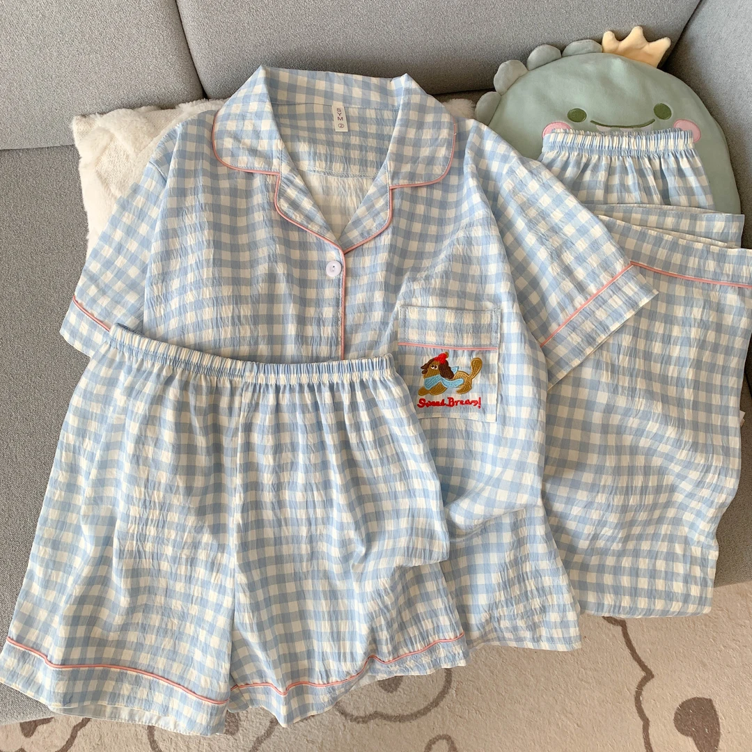 云朵棉夏季新款格子腊肠狗睡衣女短袖三件套学生卡通家居服可外穿