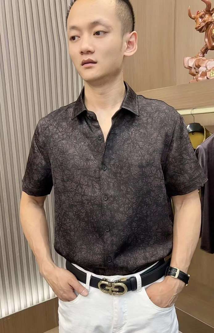 LC新款男士夏季时尚印花衬衣百搭休闲翻领衬衫男