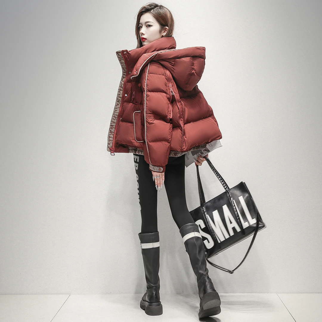 2025冬新款设计感牛仔撞色羽绒服女中长款小个子白鸭绒外套女显瘦