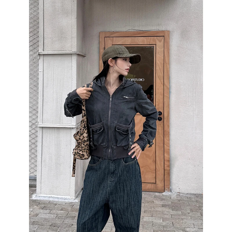 URKR水洗做旧连帽开衫工装外套女美式复古百搭短款夹克上衣
