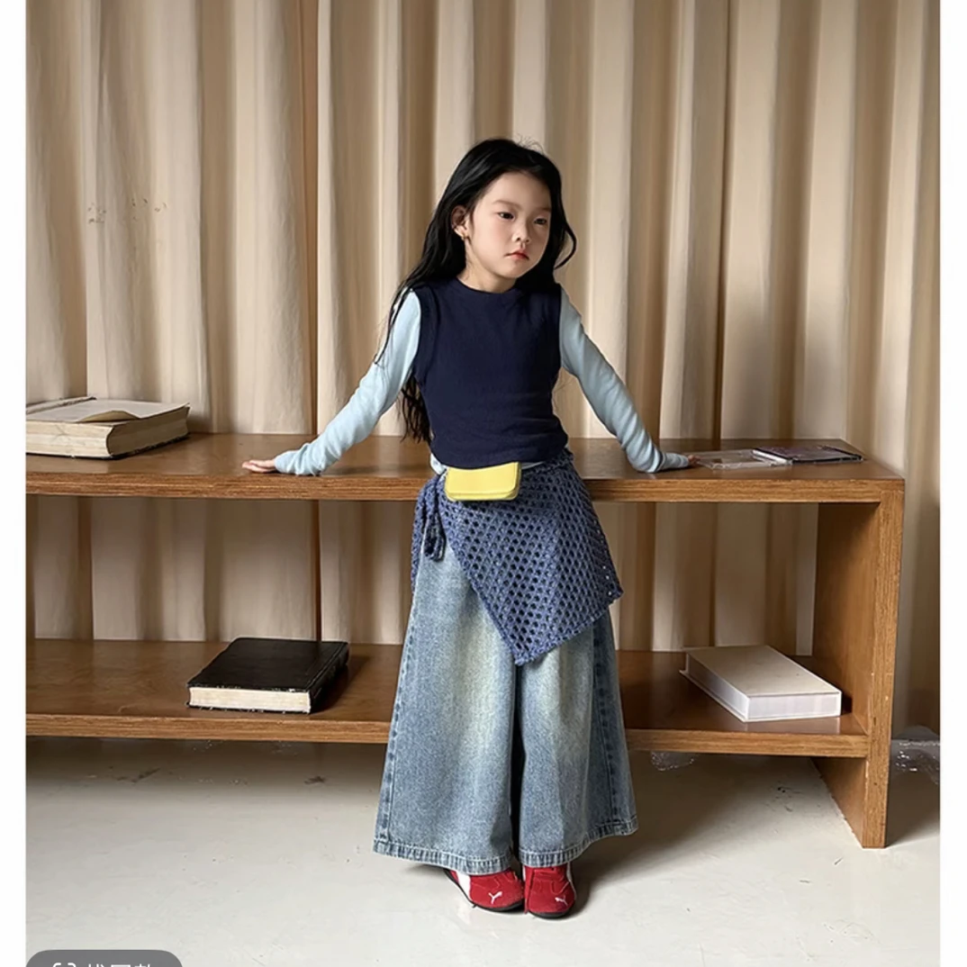 韩版童装女童巨好看套装秋装洋气儿童多巴胺真两件上衣屁帘牛仔裤