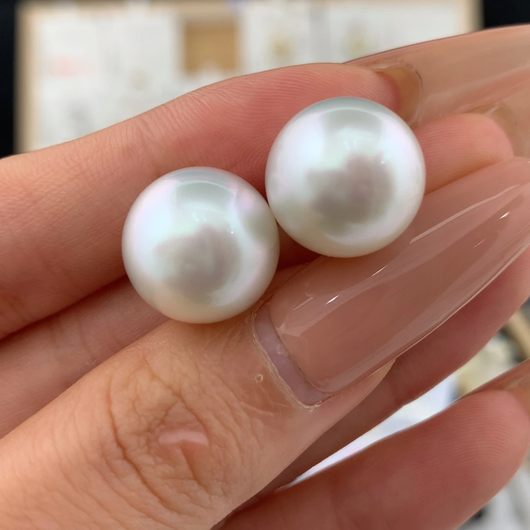 银S925镶嵌耳钉海水珍珠13-15mm