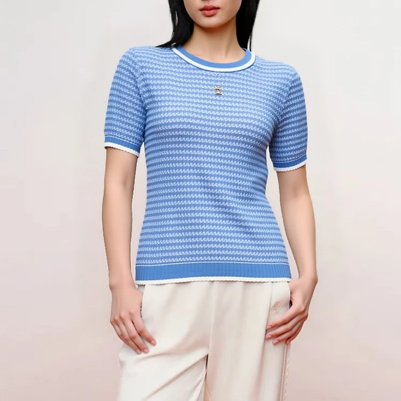 DP6【晴姐】高奢风薄款常规夏季短袖毛针织衫套头百搭蓝色上衣