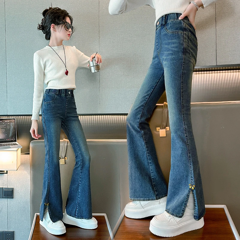 女童喇叭裤春款长裤2025新款中大童女孩甜美时尚显瘦弹力牛仔微喇