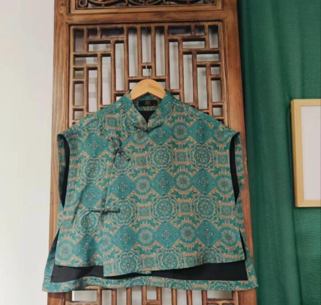 凤徕兮私人定制蓝色香香暗纹斜襟盘扣无袖短上衣（LS597-13）