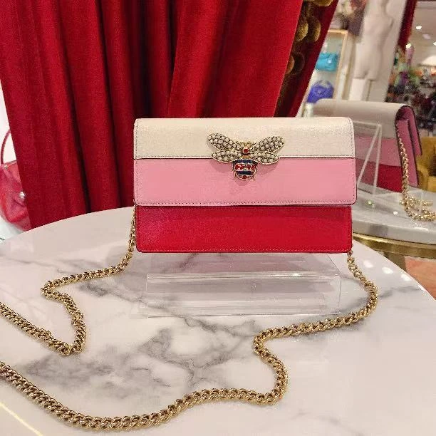95新 GUCCI/古驰 GGS玛格丽特三色蜜蜂金扣牛皮单肩包 87417075