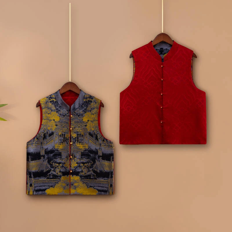 【梦江南】2025新款春季马甲新中式宽松立领提花双面双穿上衣马夹女