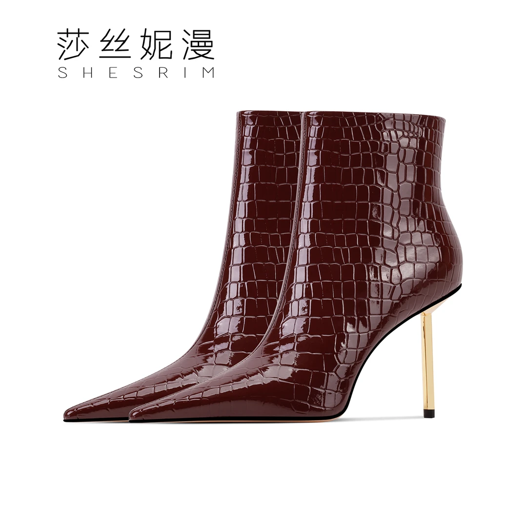 【石头纹牛皮】9CM性感尖头短靴2025秋冬漆皮时装靴绒里/单里款