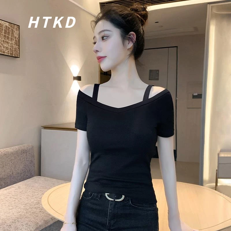 HTKD黑色短袖t恤女v领挂脖露肩2025年夏季新款修身显瘦设计感小众