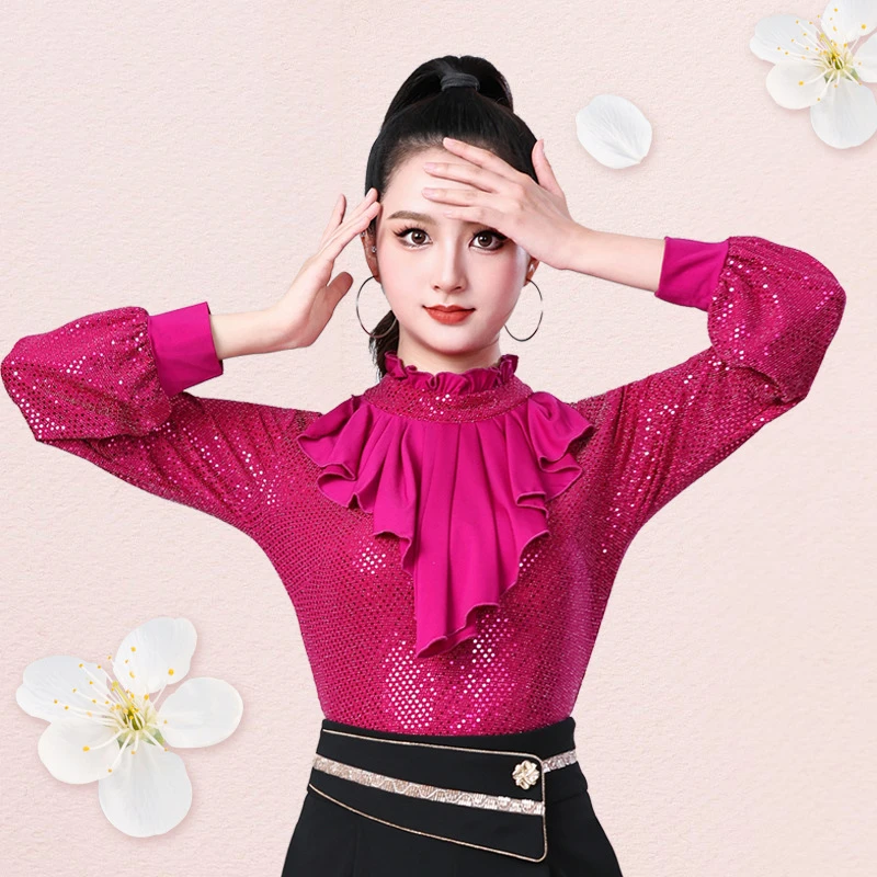 亮片立领荷叶边跳舞服装新款网红拉丁广场吉特巴长袖表演上衣女