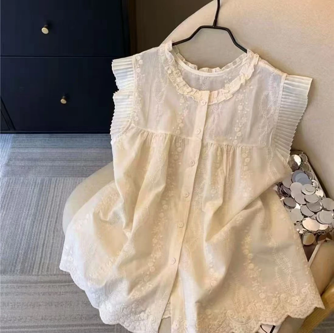 2025夏季新款别致雕花刺绣圆领木耳花边无袖背心外穿娃娃衫上衣