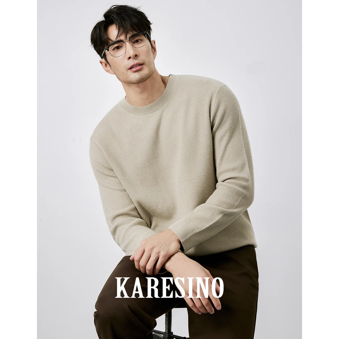KARESINO肌理感羊毛混纺 秋冬圆领套头内搭毛衣男时尚打底针织衫