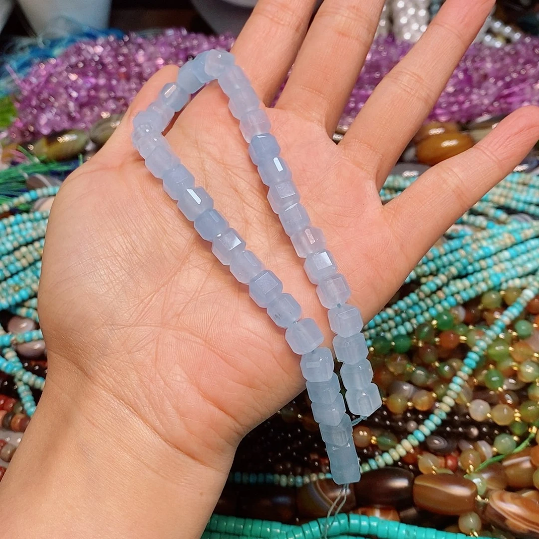 玛瑙/玉髓散珠海蓝宝色蓝玉髓方糖一条8mm