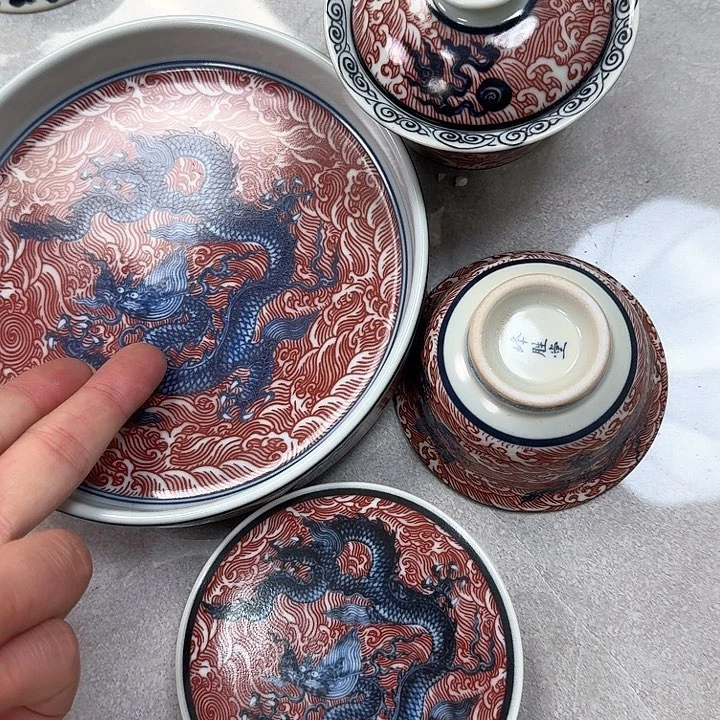 瓷片釉里红海水龙4件套景德镇