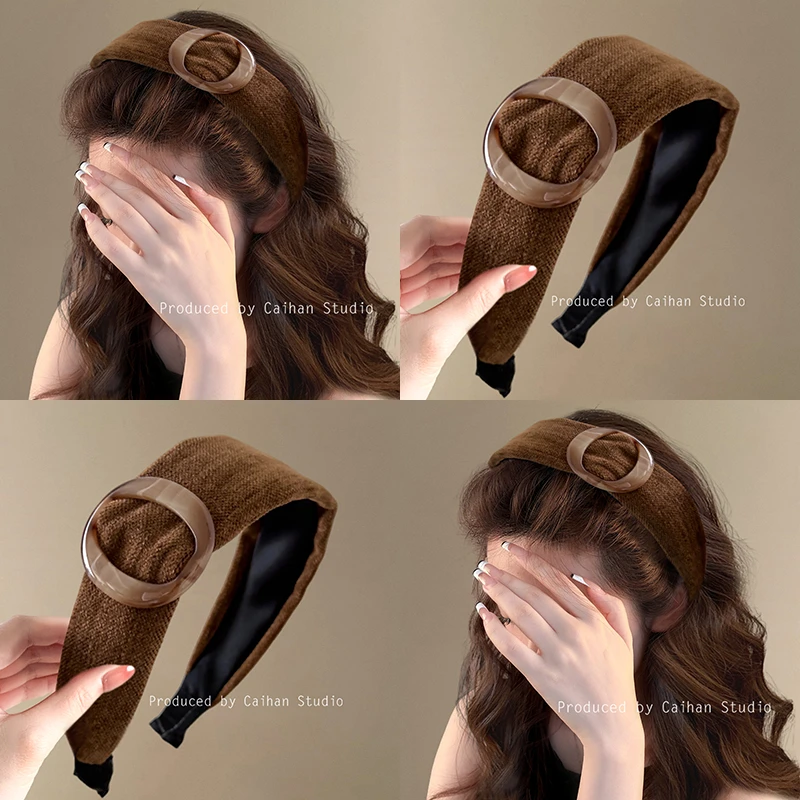 摩卡可可~复古咖色丝绒扣子发箍小众设计秋冬美拉德宽边头箍盘发