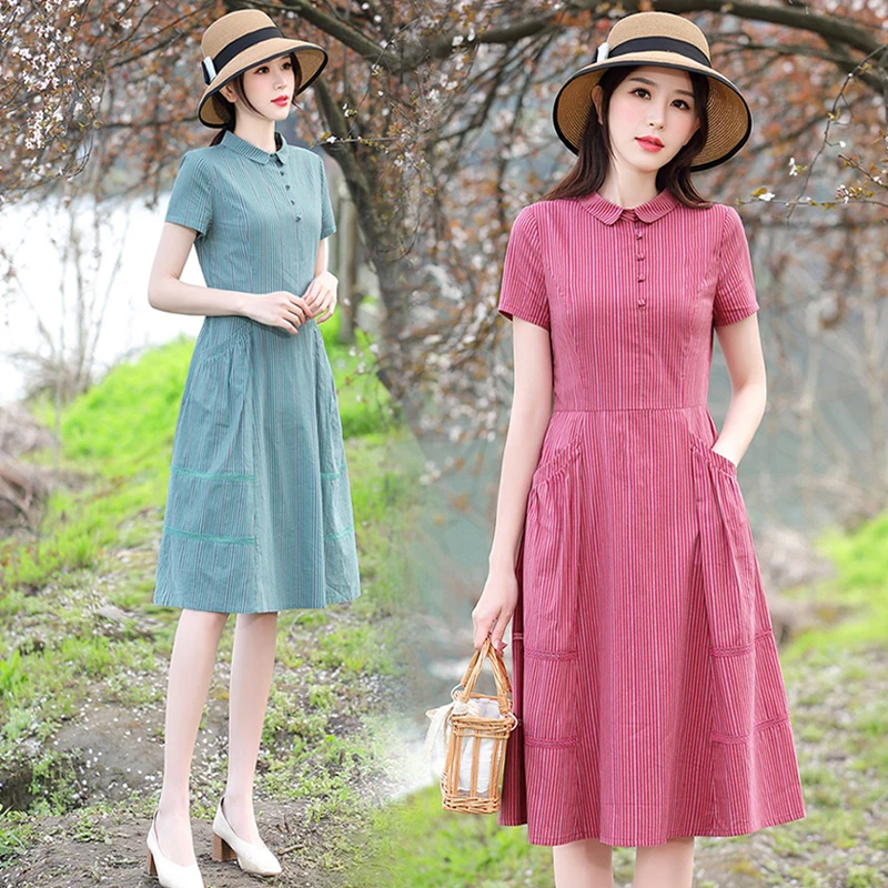 2025夏季新款简约清新素雅气质小翻领收腰显瘦复古文艺连衣裙