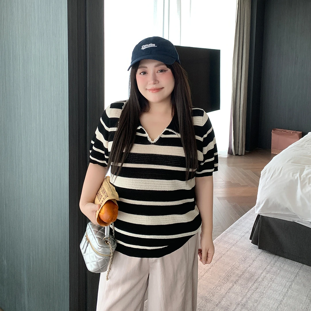 肉肉小姐大码女装夏季新品撞色条纹短袖针织衫胖mm宽松显瘦上衣