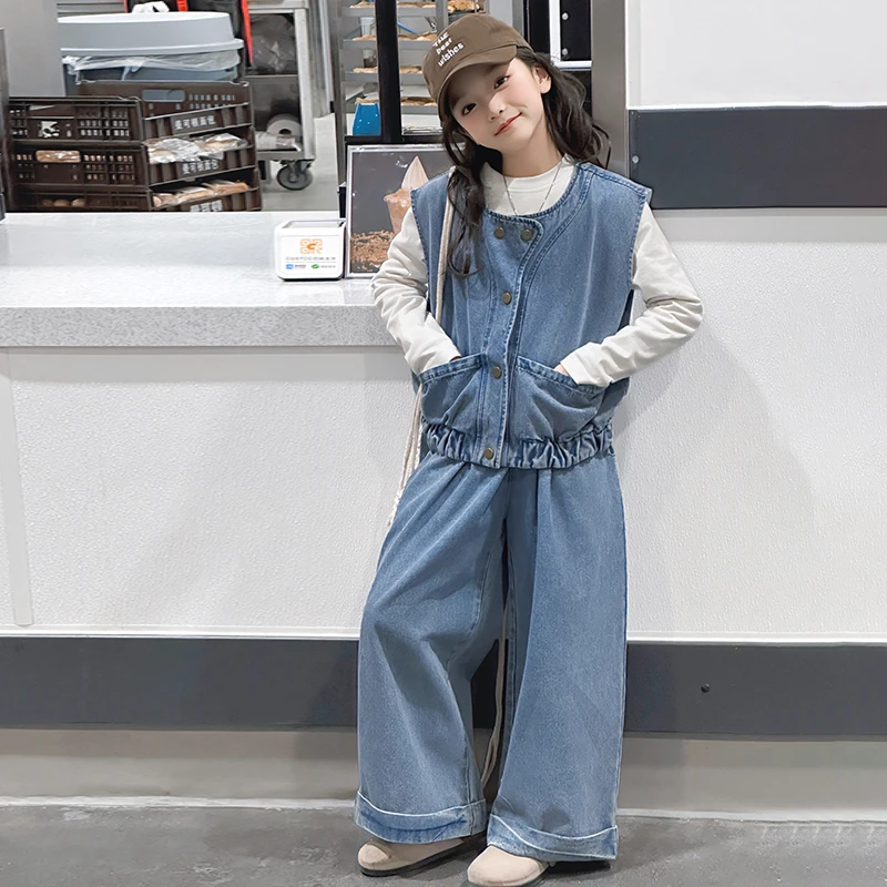 女童春秋款韩版牛仔马甲套装2025新款中大儿童6-12岁15春装牛仔裤
