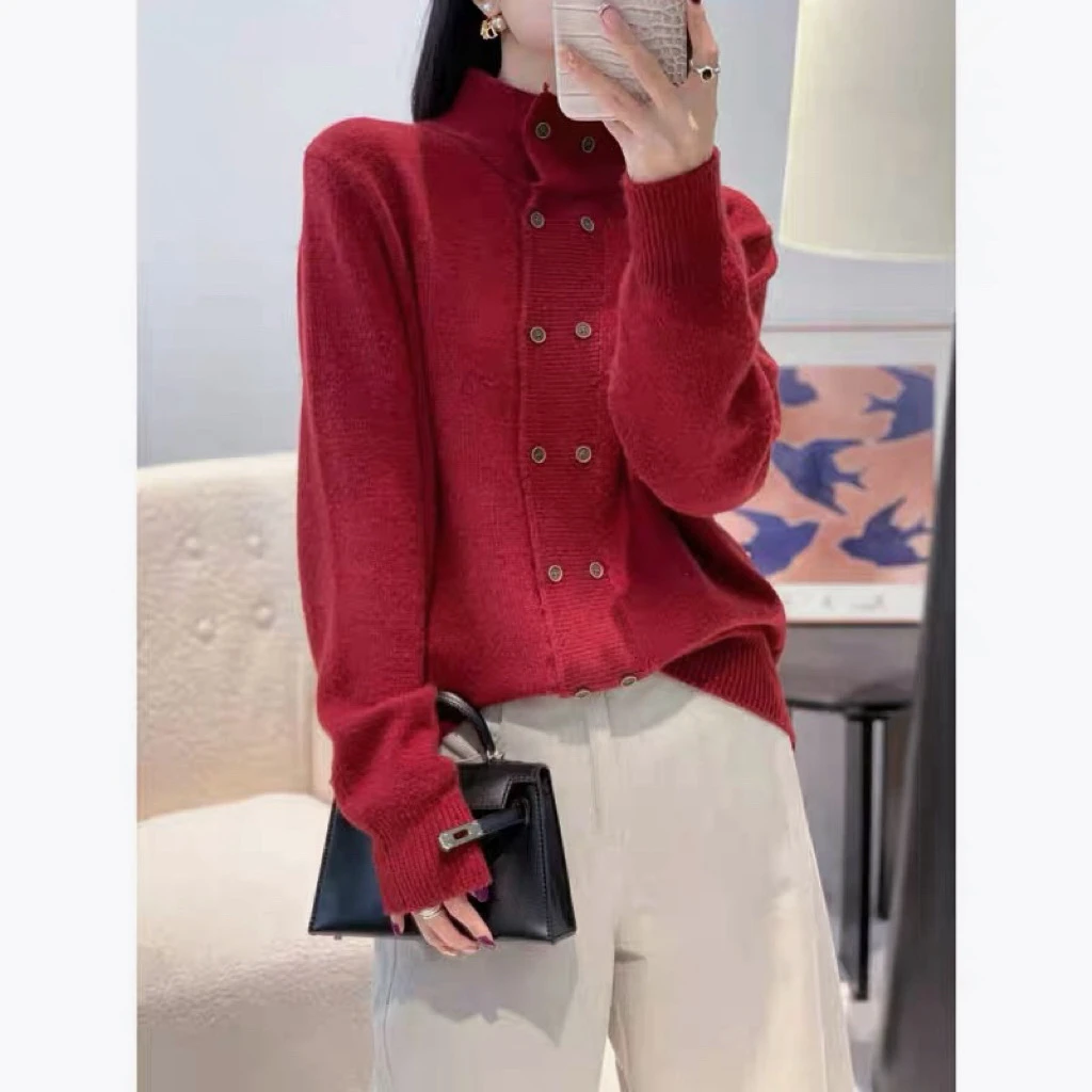 开衫款立领复古纯色毛针织衫