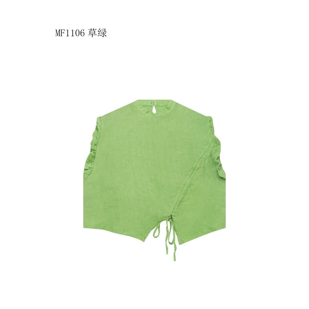【麻訪家】MF1106草绿文艺简约气质不规则百搭上衣背心